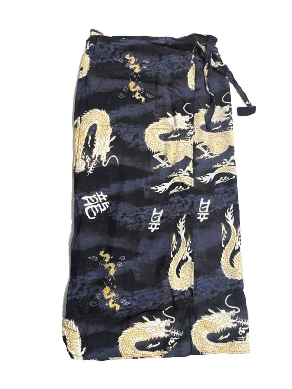 VINTAGE Y2K DRAGON Print Wrap Maxi Wrap Skirt Blue Gold L Grunge Asian Inspired